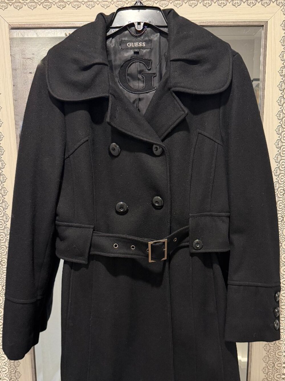 Vintage GUESS Black Wool Blend Double Breasted Belted Trench Coat Women